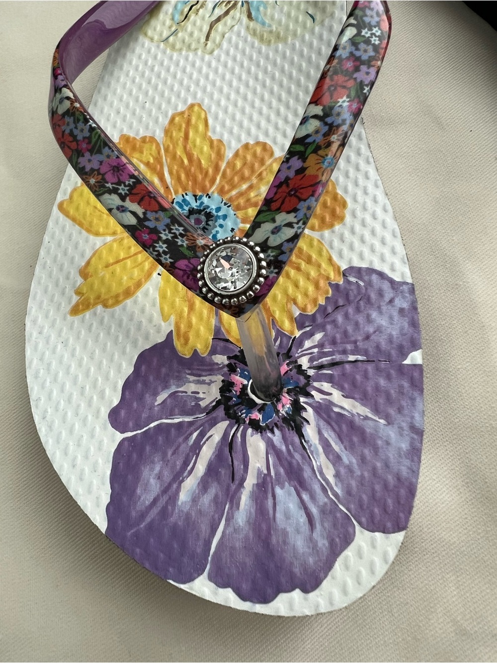 Brighton Floral Flip Flop Sandals in Purple, Yellow & Red - Picture 2 of 10